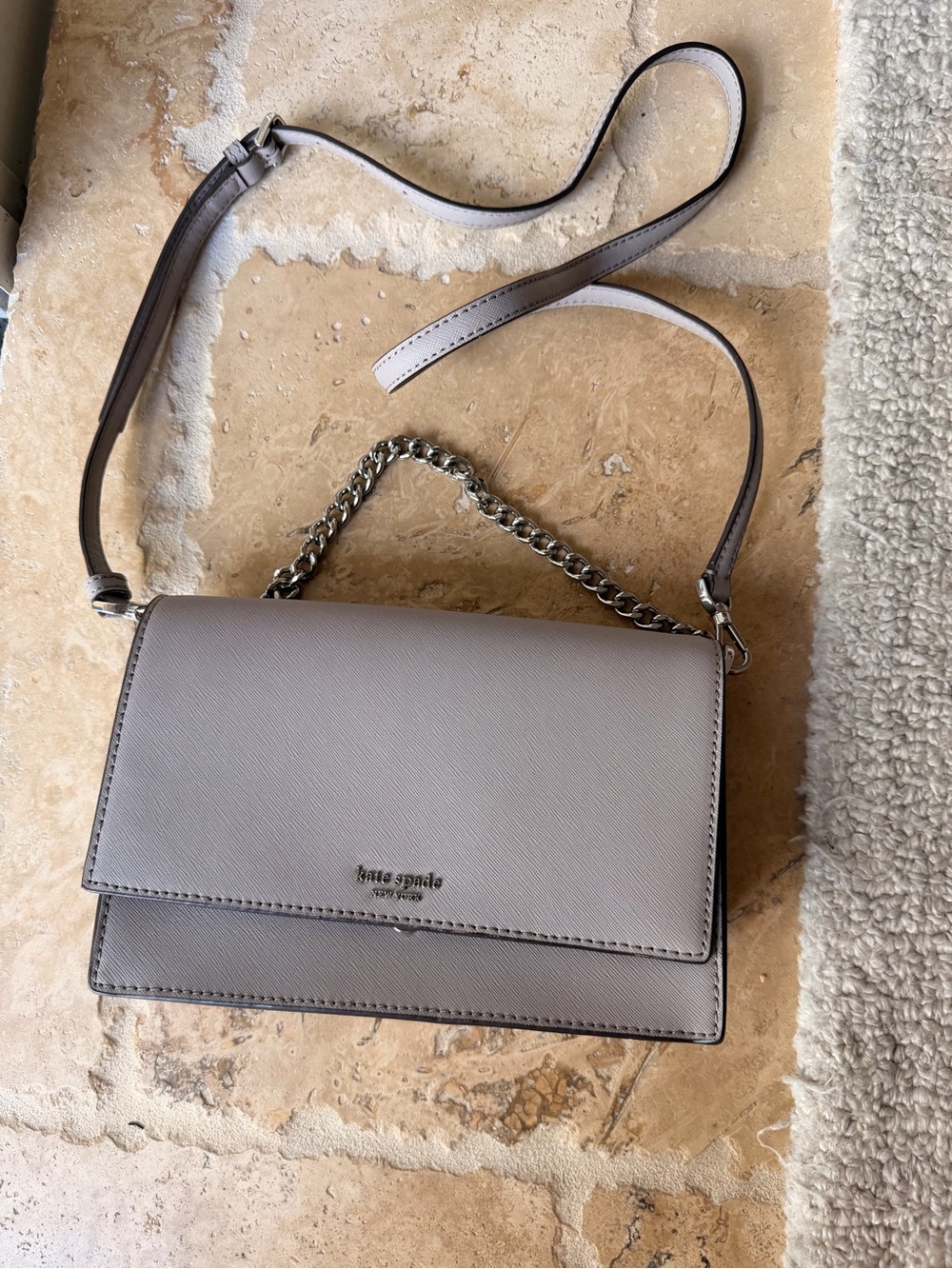 kate spade Pebble Leather Crossbody in Light Gray with Chain Strap